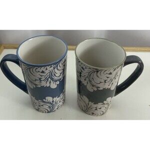Set 2 Spectrum Pair Blue/green/white Leaves Tall Ceramic Coffee Mugs 5”length